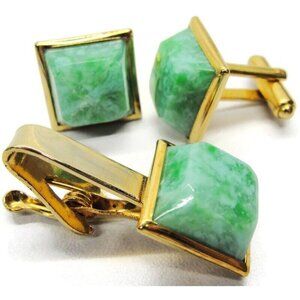Jadeite Cufflinks Neck Tie Clip Square Gold Tone Set Tux Shirt Suit Vintage